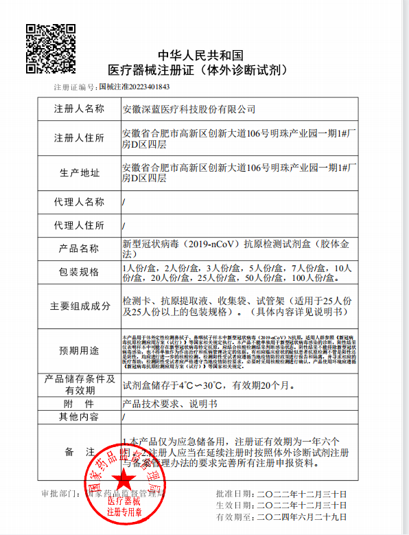 歲末驚喜|深藍(lán)醫(yī)療新冠抗原產(chǎn)品獲NMPA注冊證啦！